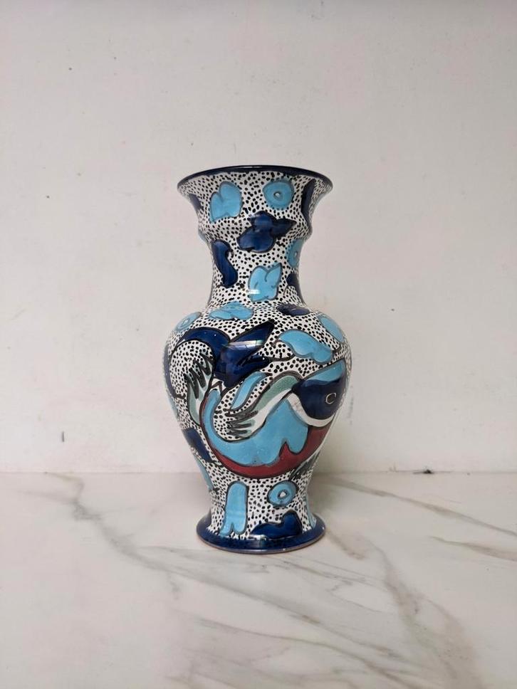 Handgeschilderde vintage vaas, Huis en Inrichting, Woonaccessoires | Vazen, Zo goed als nieuw, Blauw, Minder dan 50 cm, Aardewerk of Porselein