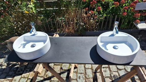 2 wastafels + glazen werkblad, Doe-het-zelf en Bouw, Sanitair, Gebruikt, Wastafel, Chroom, Glas, Steen, Ophalen