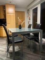metalen keukentafel met glazen blad, uittrekbaar, 200 cm of meer, 50 tot 100 cm, Gebruikt, Rechthoekig