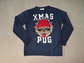 Donkerblauwe kersttrui X-mas pug maat 11-12 jaar