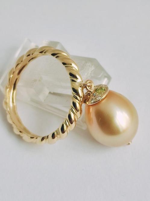 Exclusieve gouden ring met Zuid zee parel 16mm en gekleurde, Handtassen en Accessoires, Ringen, Zo goed als nieuw, Dame, 19 tot 20