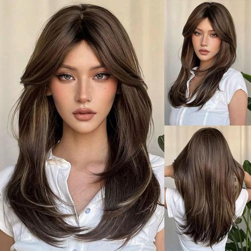 Pruik lang steil haar in laagjes bruin met highlights model, Handtassen en Accessoires, Uiterlijk | Haarverzorging, Nieuw, Pruik of Haarverlenging