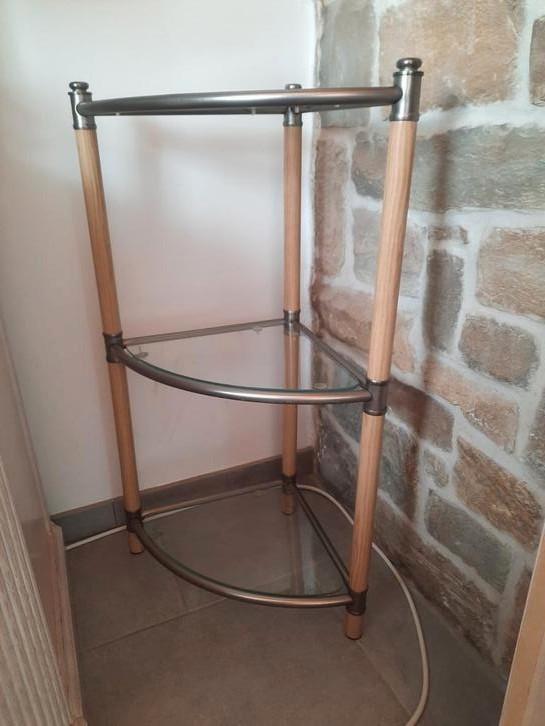 Hoekkast met 3 niveaus, planken van gehard glas, Huis en Inrichting, Woonaccessoires | Kapstokken, Zo goed als nieuw, Glas, Ophalen