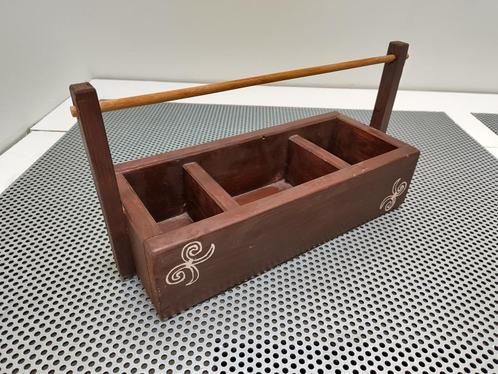 Houten (thee-)doos met handvat & tribal tekening., Huis en Inrichting, Keuken | Keukenbenodigdheden, Gebruikt, Ophalen of Verzenden