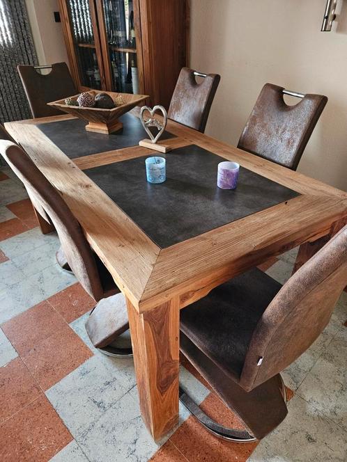 Eettafel teak met natuursteen, Huis en Inrichting, Complete eetkamers, Zo goed als nieuw, Ophalen