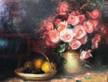 Stilleven  met bloemen en fruit beschikbaar voor biedingen