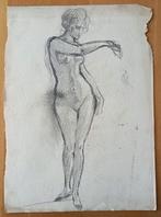 A493-68 Oude tekening Naakte vrouw met uitgestrekte arm, Antiek en Kunst, Kunst | Tekeningen en Fotografie, Ophalen of Verzenden