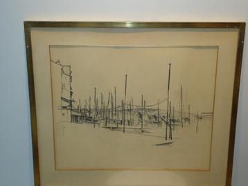 1961 Saint-Tropez DEHENNIN oude haven boten fusain pastel beschikbaar voor biedingen