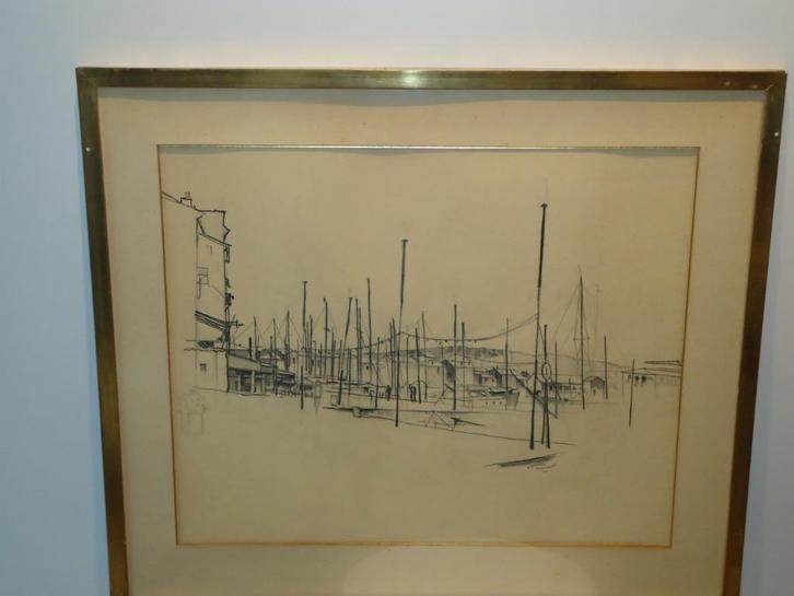 1961 Saint-Tropez DEHENNIN oude haven boten fusain pastel, Antiek en Kunst, Kunst | Tekeningen en Fotografie, Ophalen