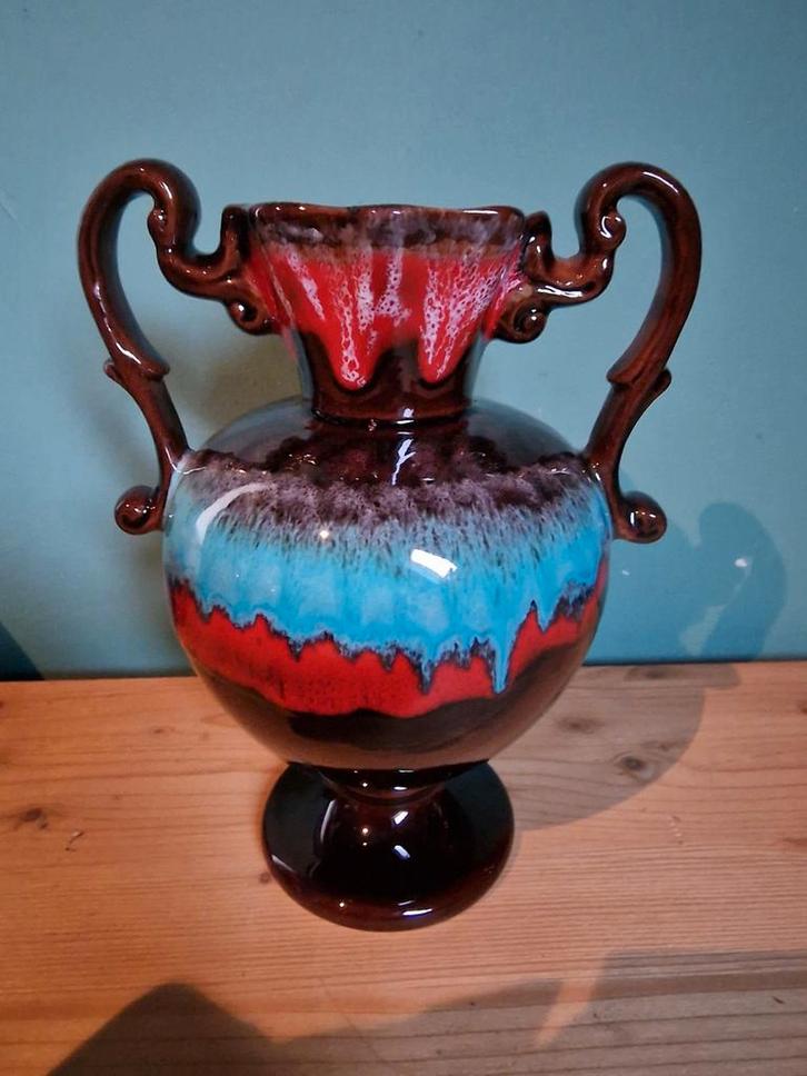 Vintage vaas in rood, bruin, blauw druipglazuur. jaren 60, Antiek en Kunst, Antiek | Vazen, Ophalen of Verzenden