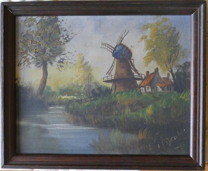 Olieverf op doek molen gesigneerd Van Bust, Antiek en Kunst, Kunst | Schilderijen | Klassiek, Ophalen of Verzenden