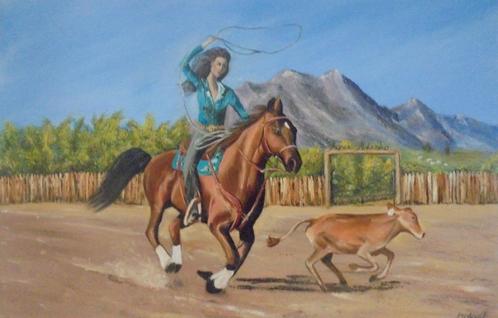 grande peinture à l'huile western et cheval (75x115cm), Antiquités & Art, Art | Peinture | Classique, Enlèvement ou Envoi