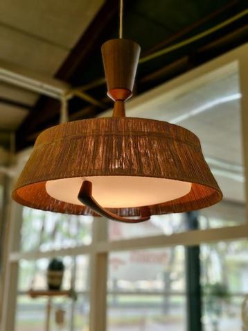 Vintage design hanglamp Temde leuchten sisal teak 70s beschikbaar voor biedingen