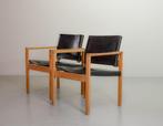 SALE! Set Brutalistische vintage houten Stoelen m. zwart lee, Enlèvement ou Envoi, Cuir, Deux, Utilisé