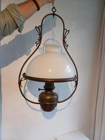 Lustre rustique ancien avec lampe à huile en cuivre, Enlèvement ou Envoi