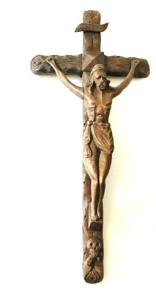 Groot Kruis Crucifix Religie handgesneden 70 H🙏💑🤗😃👌, Antiek en Kunst, Antiek | Religieuze voorwerpen, Ophalen of Verzenden