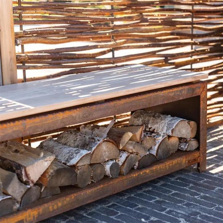 zitbank LOGG in cortenstaal met houtopslag, Tuin en Terras, Tuinbanken, Nieuw, Metaal, Verzenden