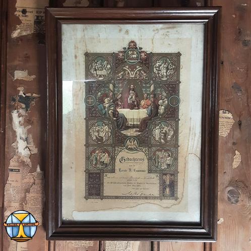 Antieke (1905) prent Gedachtenis eerste Communie Diploma, Antiek en Kunst, Antiek | Religieuze voorwerpen, Ophalen of Verzenden