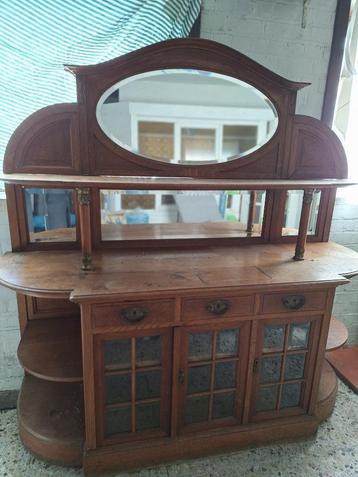 Buffet ancien en chêne vers 1900 — avec miroir et portes vit, Verre, Art Nouveau / Art Deco, 150 à 200 cm, Utilisé
