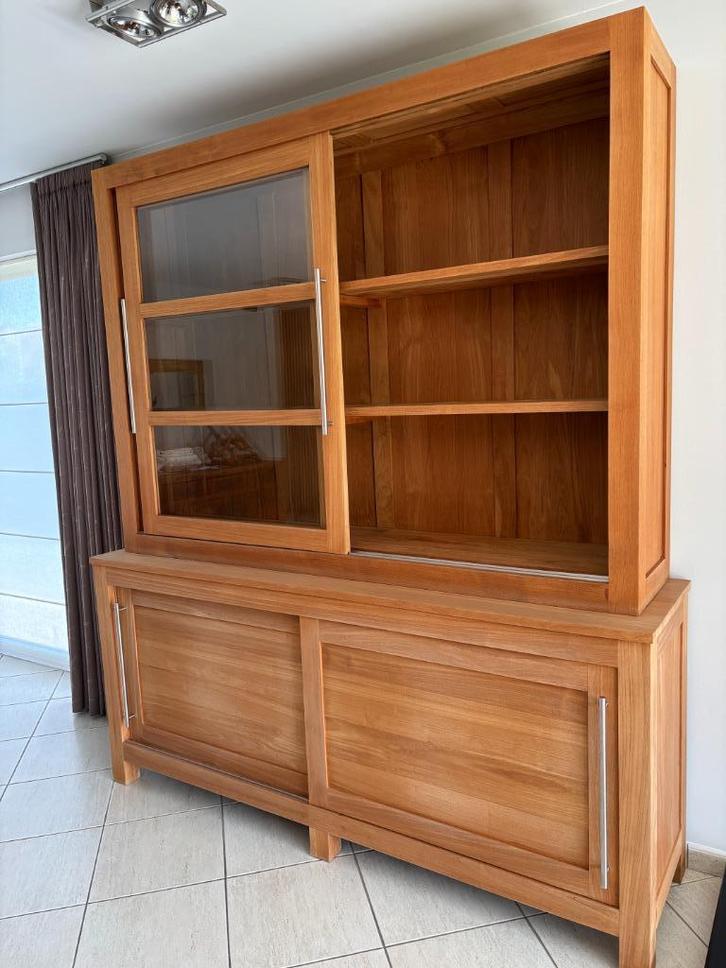 Massieve vitrine kast in teak, Huis en Inrichting, Kasten | Vitrinekasten, Zo goed als nieuw, 200 cm of meer, 200 cm of meer, 50 tot 75 cm