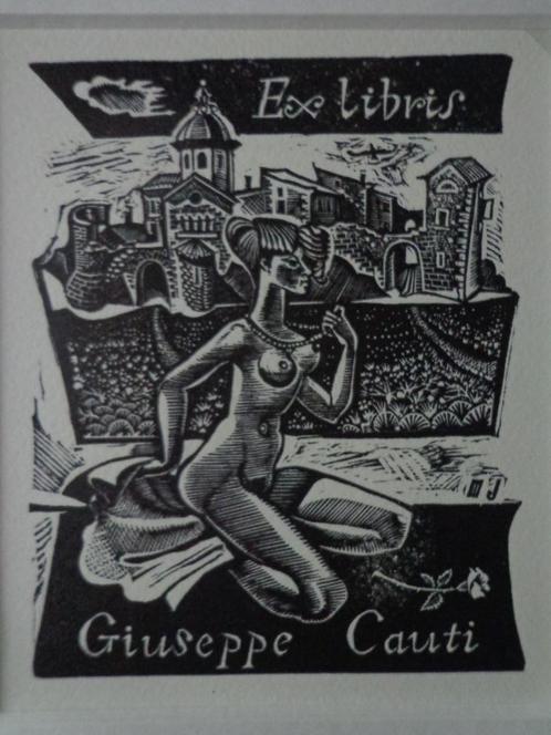 houtsnede met zittende naakte vrouw ex-libris Giuseppe Cauti, Antiek en Kunst, Kunst | Etsen en Gravures, Ophalen of Verzenden