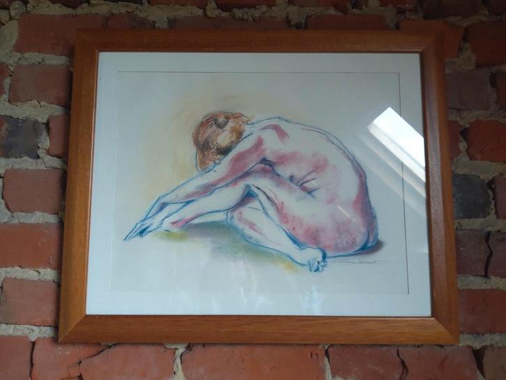 2 originele ingelijste pasteltekeningen.Prijs / stuk., Antiek en Kunst, Kunst | Tekeningen en Fotografie, Ophalen