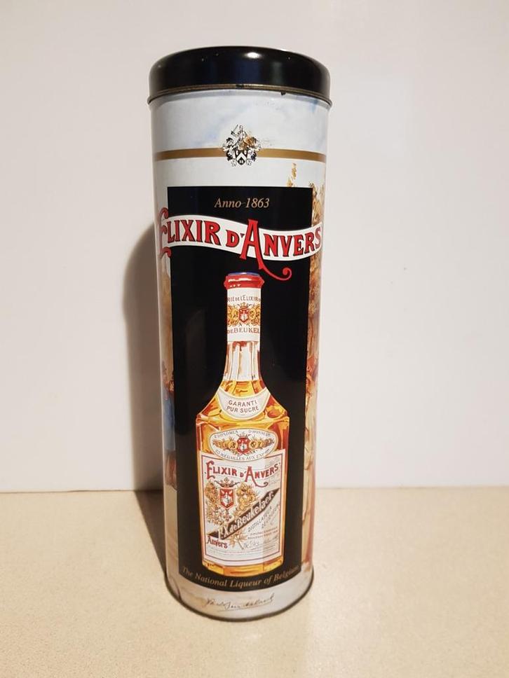 Blikken ronde metaal doos Elixir d'Anvers, Verzamelen, Blikken, Gebruikt, Overige, Overige merken, Ophalen of Verzenden