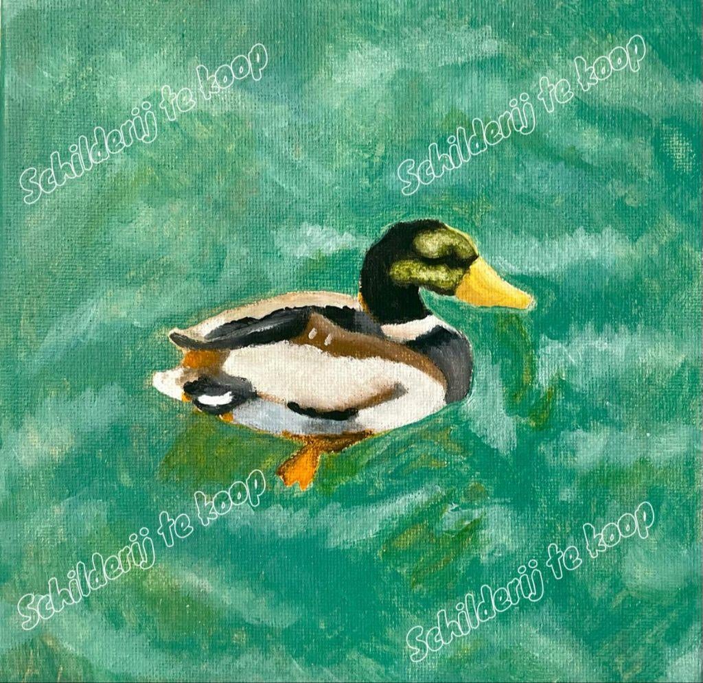 Unieke originele schilderij Eend zwemmend in vijver, Ophalen of Verzenden