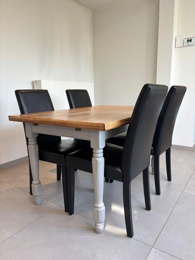 Houten keukentafel met 4 stoelen en verlengstukken, Huis en Inrichting, Tafels | Eettafels, Ophalen, Gebruikt, 100 tot 150 cm