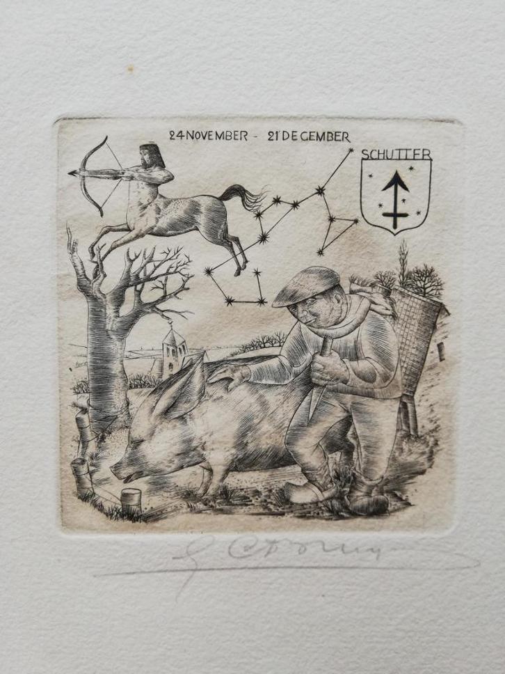 Mooie gravure - boogschutter - Gustaaf De Bruyne - 1964, Antiek en Kunst, Curiosa en Brocante, Ophalen of Verzenden
