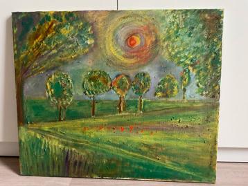 Schilderij met zon in landschap, Antiek en Kunst, Kunst | Schilderijen | Modern, Ophalen of Verzenden
