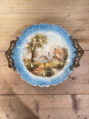 Antiek porseleinen bord / koper-messing montuur / ca. 1900 beschikbaar voor biedingen