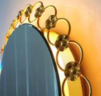 Vintage wandspiegel Hollywood Regency spiegel messing licht, Gebruikt, Rond, Ophalen of Verzenden, Minder dan 100 cm