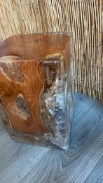 Design blok hout met geperst geblazen glas binnenin, Huis en Inrichting, Woonaccessoires | Vazen, Gebruikt, Ophalen of Verzenden