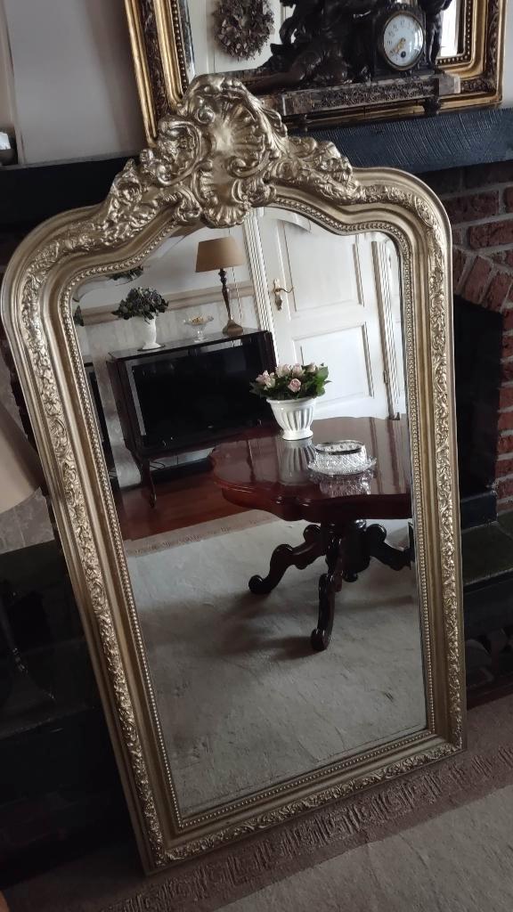 Chique Goudkleur "Barok" Kuifspiegel "Facet"Geslepen148x79cm, Huis en Inrichting, Woonaccessoires | Spiegels, Gebruikt, 75 tot 100 cm