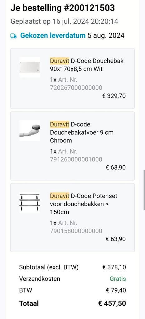 Douchebak van Duravit 90x170x8.5cm (nog niet geïnstalleerd), Doe-het-zelf en Bouw, Sanitair, Nieuw, Douche, Ophalen of Verzenden