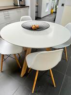 Design ronde witte eettafel keukentafel 4 stoelen eik, Huis en Inrichting, Ophalen, Zo goed als nieuw