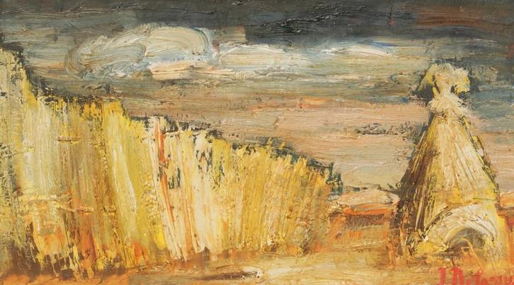 Jacques Delvaux (1929-2010): Graanschoven (O/D, 85 x 55 cm), Antiek en Kunst, Kunst | Schilderijen | Klassiek, Ophalen of Verzenden