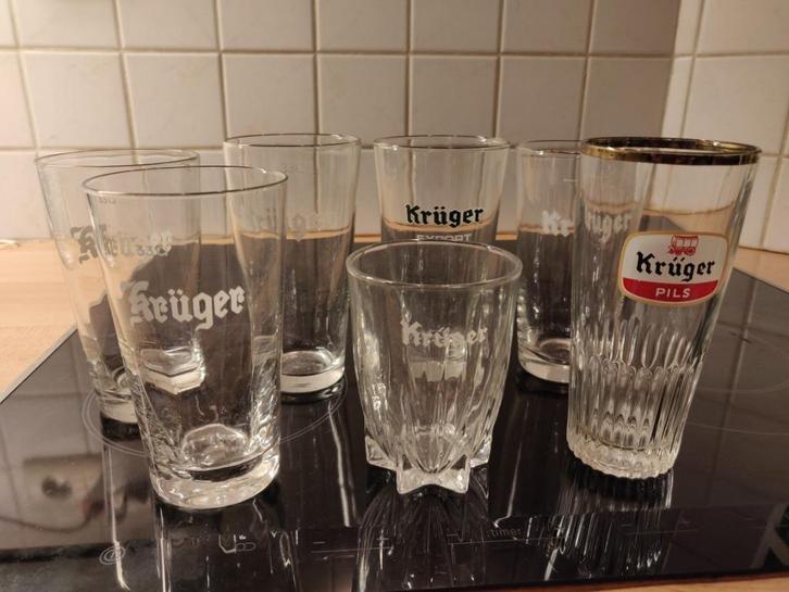 Set van 7 vintage glazen Krüger Eeklo, Verzamelen, Glas en Drinkglazen, Gebruikt, Bierglas, Ophalen