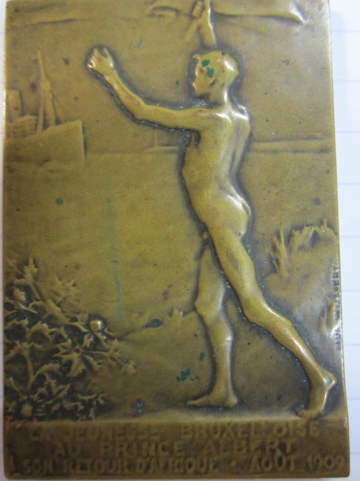 Bronzen herdenkingsplaat Albert I, Postzegels en Munten, Penningen en Medailles, Brons, Ophalen of Verzenden