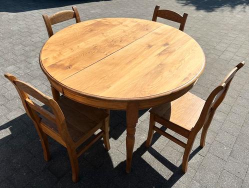 Ronde kersenhouten tafel (met 2 verlengstukken en 4 stoelen), Huis en Inrichting, Tafels | Eettafels, Rond, Ophalen
