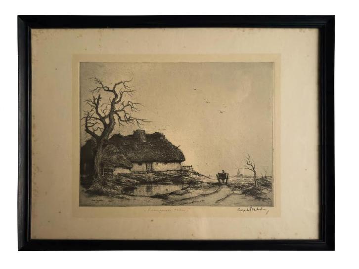 Ets in oude kader - Dirk Baksteen – Kempische hoeve, Antiek en Kunst, Kunst | Etsen en Gravures, Ophalen
