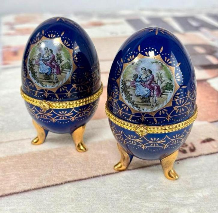 2X antiek Porseleinen Faberge Ei cobalt blauw Gesigneerd, Antiek en Kunst, Curiosa en Brocante, Ophalen of Verzenden