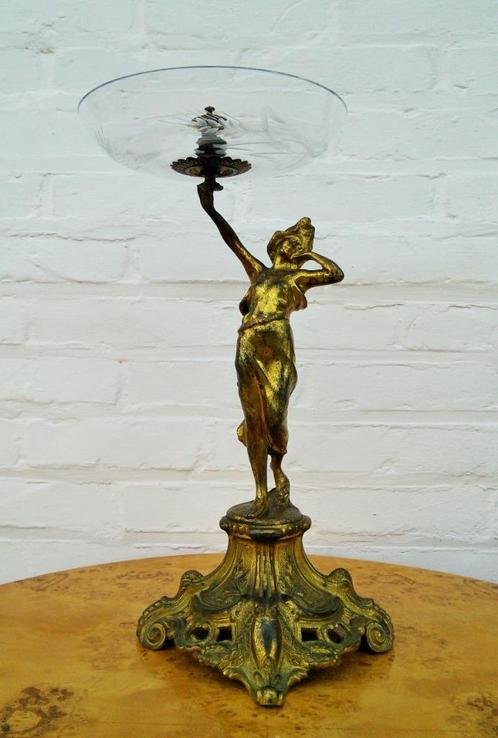 Bronzen art nouveau milieu de table met glazen schaal, Antiek en Kunst, Antiek | Brons en Koper, Brons, Ophalen of Verzenden