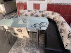 Eettafel met lederen hoekbank, Huis en Inrichting, Ophalen, Gebruikt, Glas, Vijf personen of meer