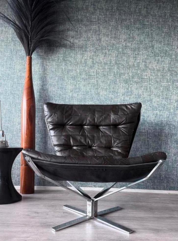 Vintage Falcon chair by Sigurd Ressell, brown leather, 70s, Huis en Inrichting, Fauteuils, Gebruikt, Leer, Metaal, Stof, Ophalen