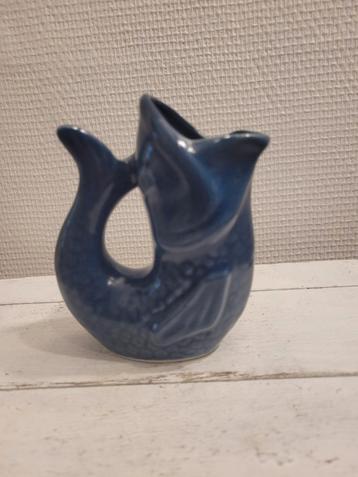 Petit pichet ancien Gluggle poisson ceramique bleue 