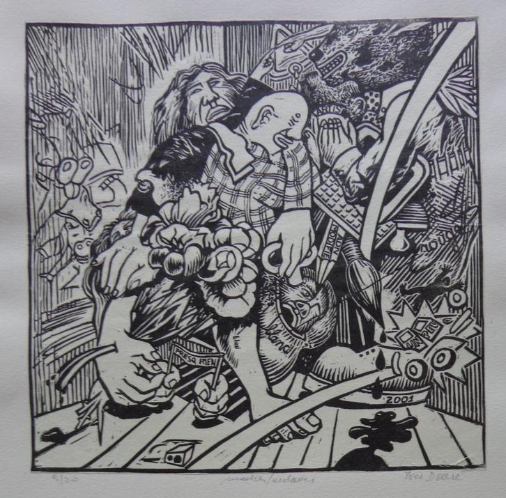 ONLEESBAAR / FIGURATIE / ZW-W HOUTSNEDE / 65x50cm / SIG, Antiek en Kunst, Kunst | Litho's en Zeefdrukken, Ophalen of Verzenden