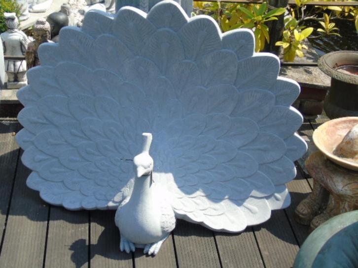 pauwbeeld met open veren in polystone, 50% korting, Tuin en Terras, Tuinbeelden, Zo goed als nieuw, Dierenbeeld, Steen, Ophalen