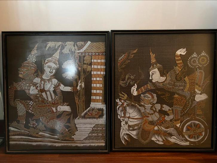 Set van 2 Handgeschilderde Thaise Schilderijen – Ramakien, Antiquités & Art, Art | Dessins & Photographie, Enlèvement